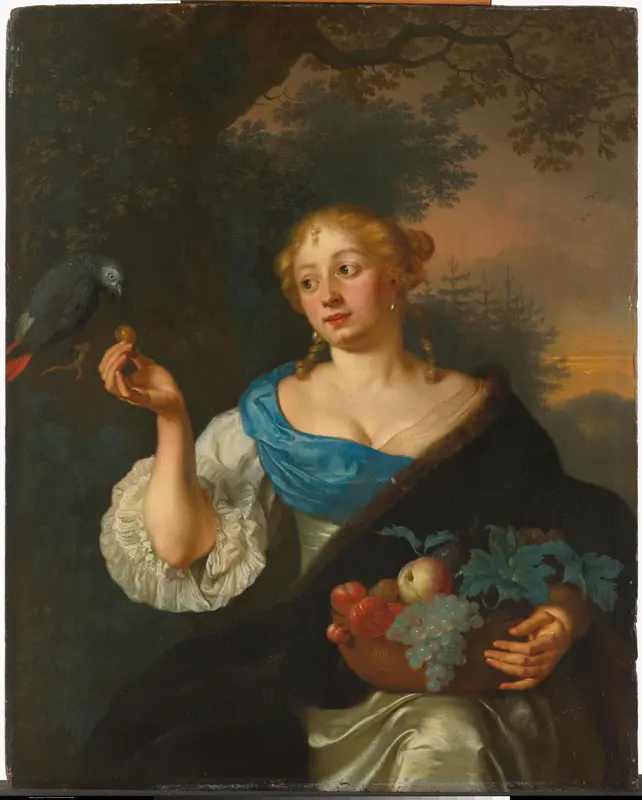 Een jonge vrouw met een papegaai Wall Art by Ary de Vois - High-Resolution Digital Print