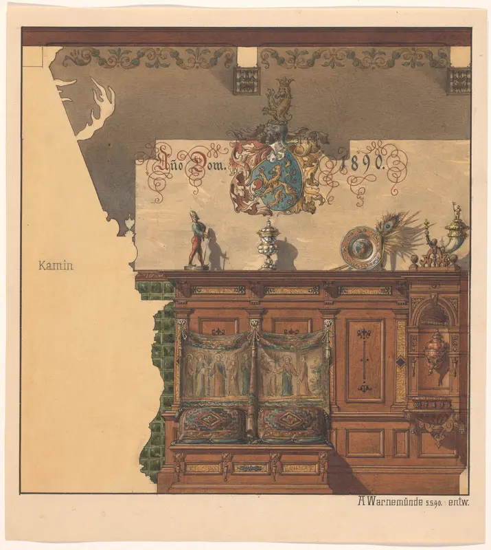 Een kamerwand in Renaissance-stijl, met een bank en een wandfontein Wall Art by A. Warnemünde - High-Resolution Digital Print