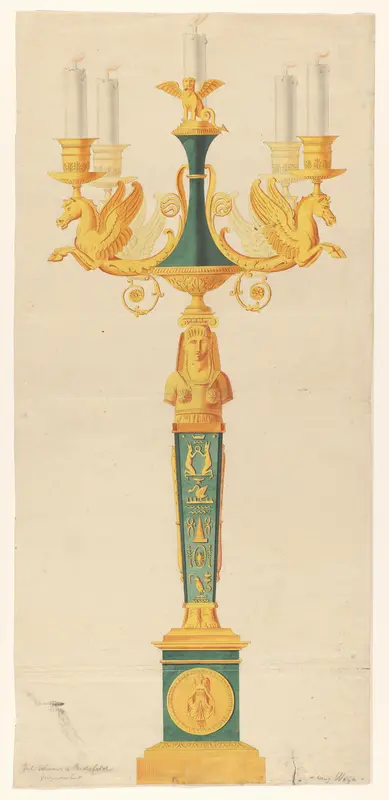 Een kandelaber van verguld en gepatineerd brons, met Egyptische motieven en paardenhoofden Wall Art by Unknown - High-Resolution Digital Print