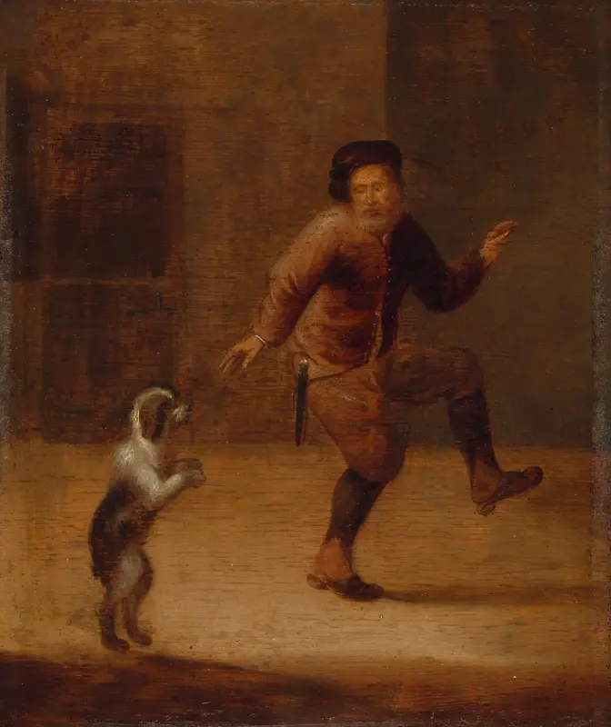 Een man dansend met een hond Wall Art by Hendrick Bogaert - High-Resolution Digital Print