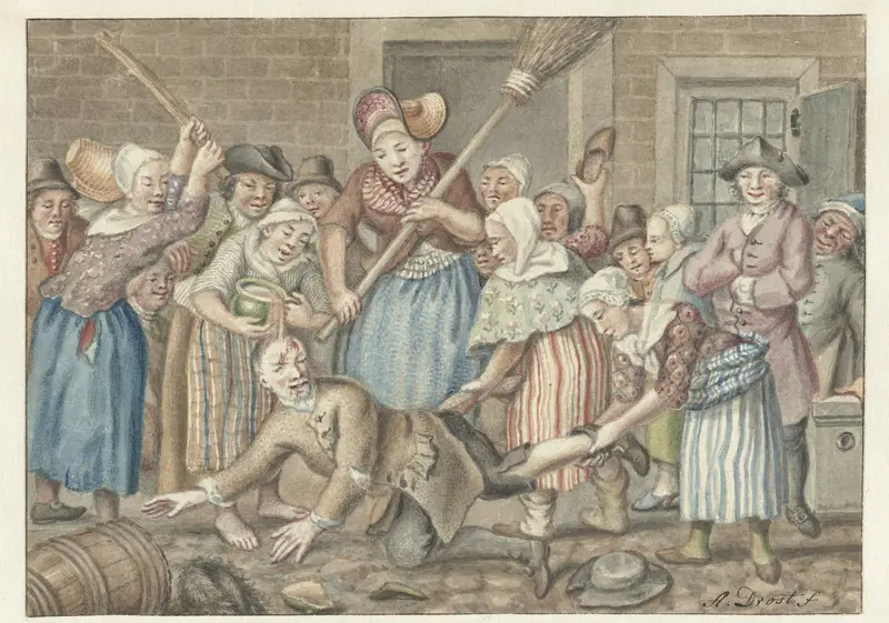 Een man die zijn vrouw had geslagen wordt in de Vinkestraat te Amsterdam door een groep vrouwen bestraft, 1768 Wall Art by Anthonie Drost - High-Resolution Digital Print