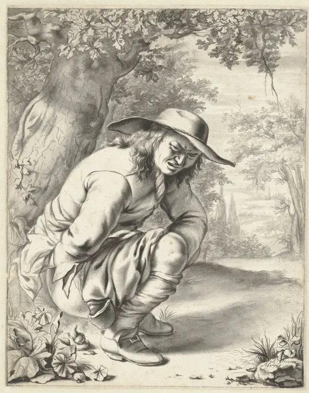 Een man doet hurkend zijn behoefte bij een boom Wall Art by Jan van Mieris - High-Resolution Digital Print