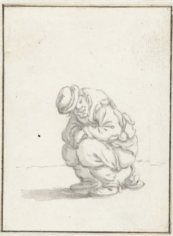 Een man doet hurkend zijn behoefte Wall Art by Herman Saftleven - High-Resolution Digital Print
