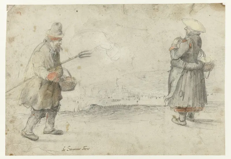 Een man en een vrouw op de kant van een bevroren rivier Wall Art by Unknown - High-Resolution Digital Print