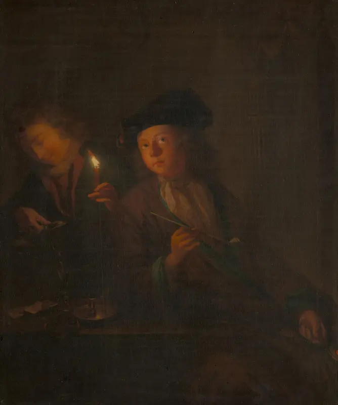 Een man met een pijp, en een man die zich een glas inschenkt Wall Art by Unknown - High-Resolution Digital Print