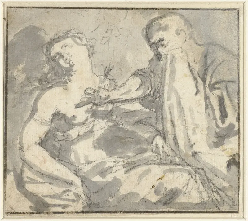 Een man verwijdert een pijl uit de borst van een vrouw (Cephalus en Procris?) Wall Art by anonymous - High-Resolution Digital Print