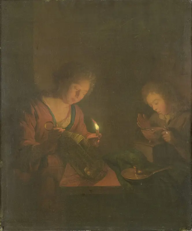 Een meisje plaatst een kaars in een lantaarn en een jongen verzorgt een vuurtest voor een stoof Wall Art by Unknown - High-Resolution Digital Print