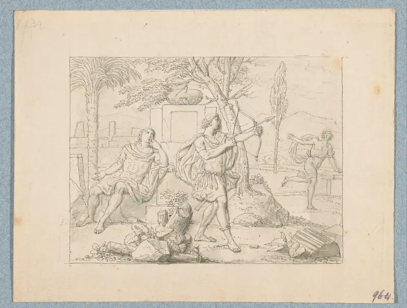 Een militair schiet een pijl naar een wegrennende man (in doos met 43 tekeningen) Wall Art by Louis Fabritius Dubourg - High-Resolution Digital Print
