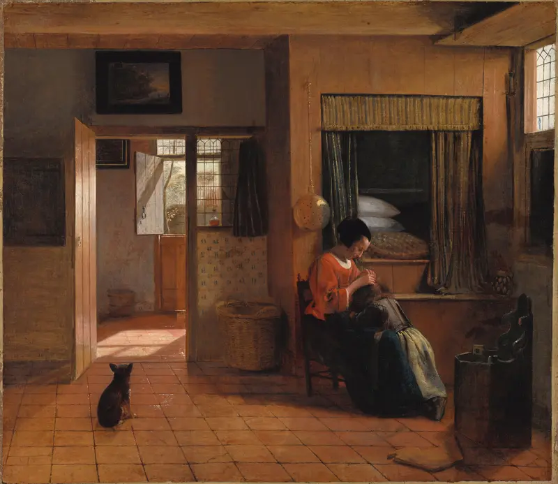 Een moeder die het haar van haar kind reinigt, bekend als ‘Moedertaak’ Wall Art by Pieter de Hooch - High-Resolution Digital Print