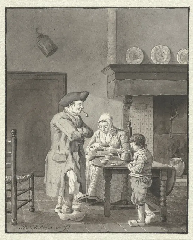 Een moeder snijdt brood voor haar man en zoon Wall Art by Hendrik Jan van Amerom - High-Resolution Digital Print