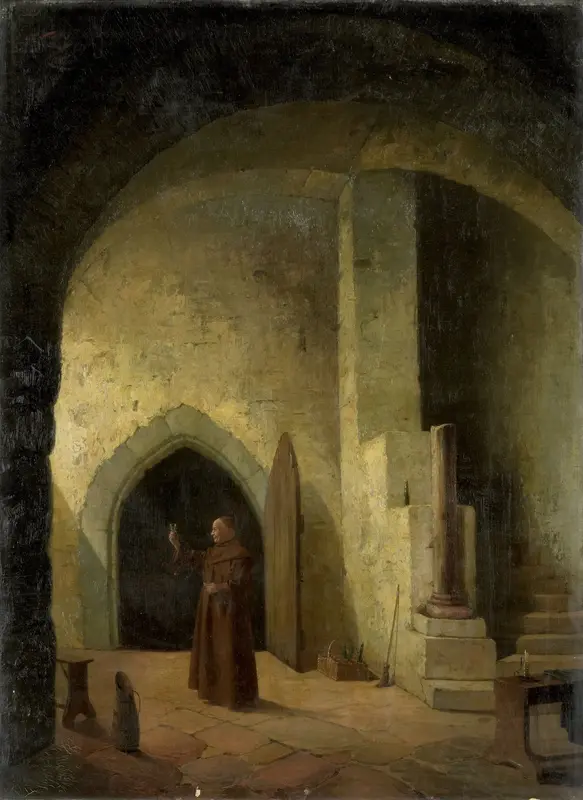 Een monnik met een glas in de hand in een kelder Wall Art by Unknown - High-Resolution Digital Print