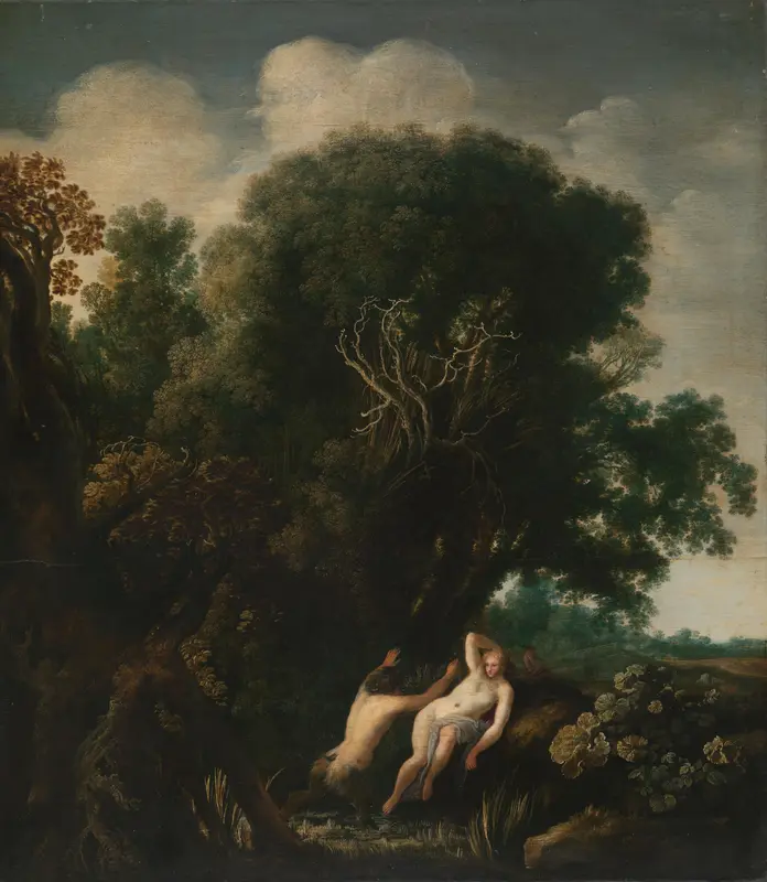 Een nimf door een sater verrast tijdens het baden Wall Art by Unknown - High-Resolution Digital Print