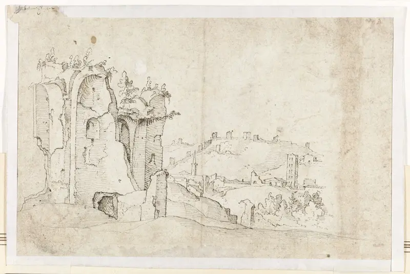 Een ongeïdentificeerde ruïne in Rome; op de achtergrond een deel van de Romeinse stadsmuur Wall Art by Maarten van Heemskerck - High-Resolution Digital Print