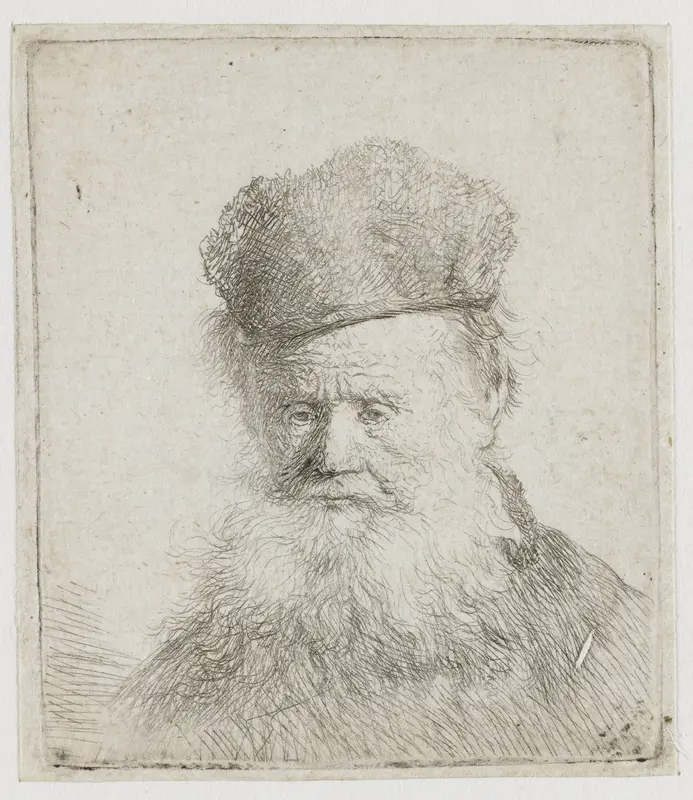 Een oude man met bontmuts en lange baard, naar beneden kijkend Wall Art by Rembrandt van Rijn - High-Resolution Digital Print