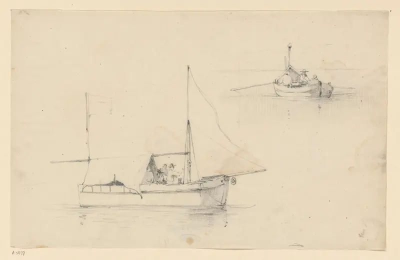 Een roeiboot en een grotere boot met overkapping Wall Art by Willem Anthonie van Deventer - High-Resolution Digital Print