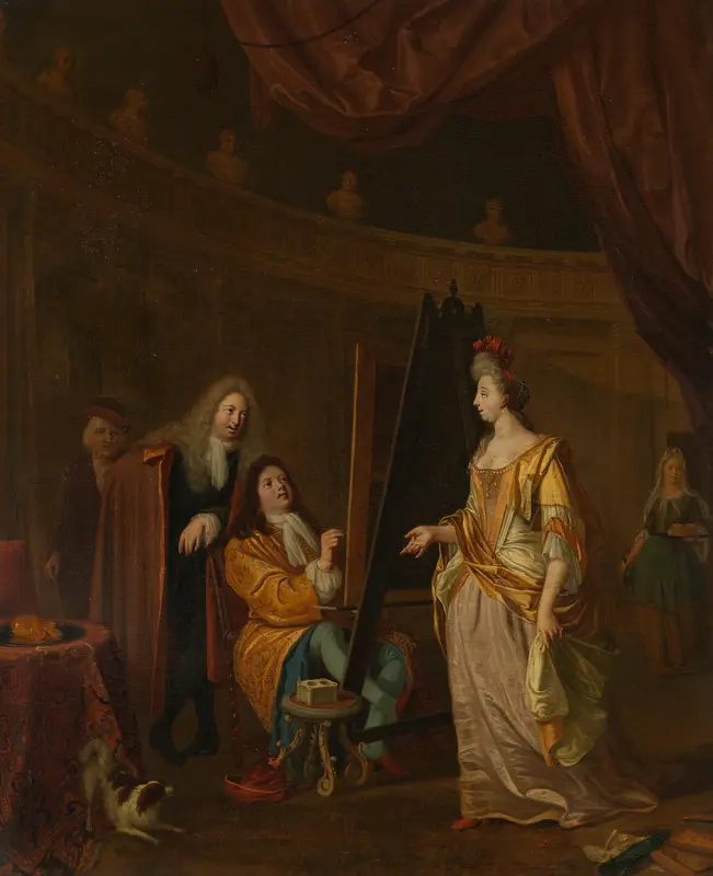 Een schilder in zijn atelier, een dame portretterend Wall Art by Ludolf Bakhuysen - High-Resolution Digital Print