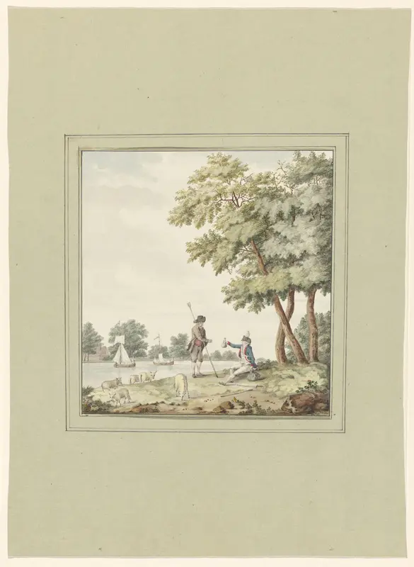 Een soldaat overhandigt een herder een zak met geld Wall Art by anonymous - High-Resolution Digital Print