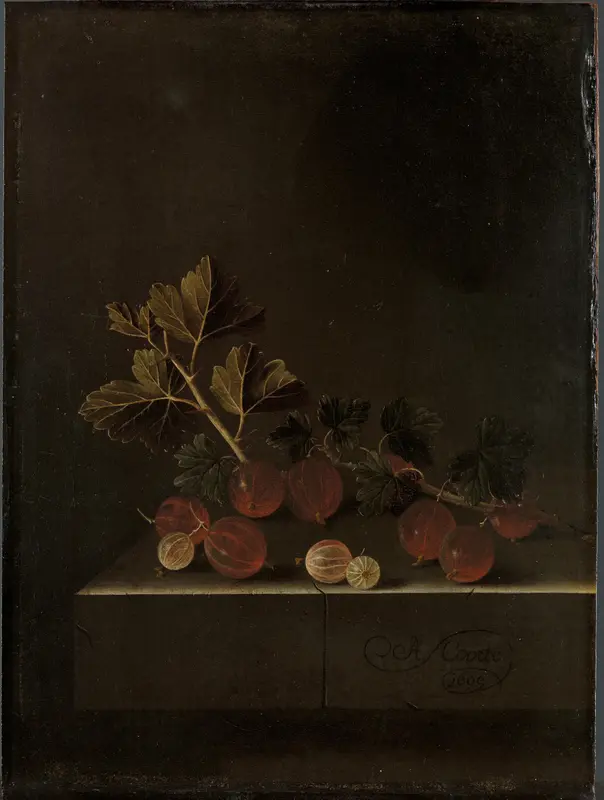 Een takje kruisbessen op een stenen plint Wall Art by Adriaen Coorte - High-Resolution Digital Print