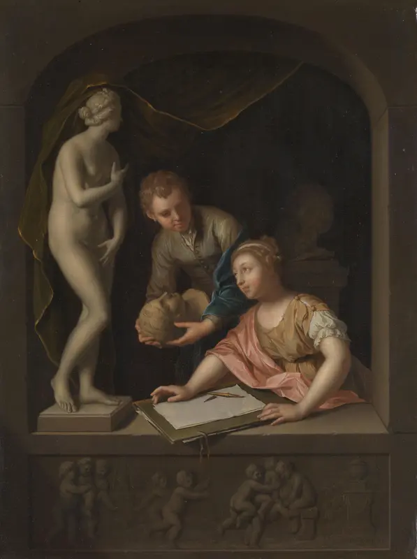 Een tekenares en een jongen bij een beeld van Venus Wall Art by Pieter van der Werff - High-Resolution Digital Print