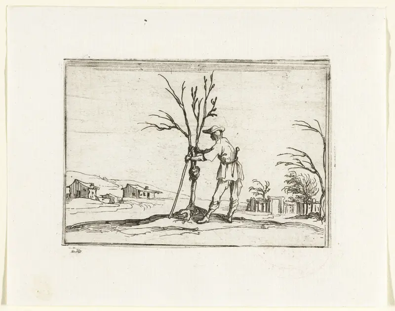 Een tuinman verzorgt een jonge boom Wall Art by Jacques Callot - High-Resolution Digital Print