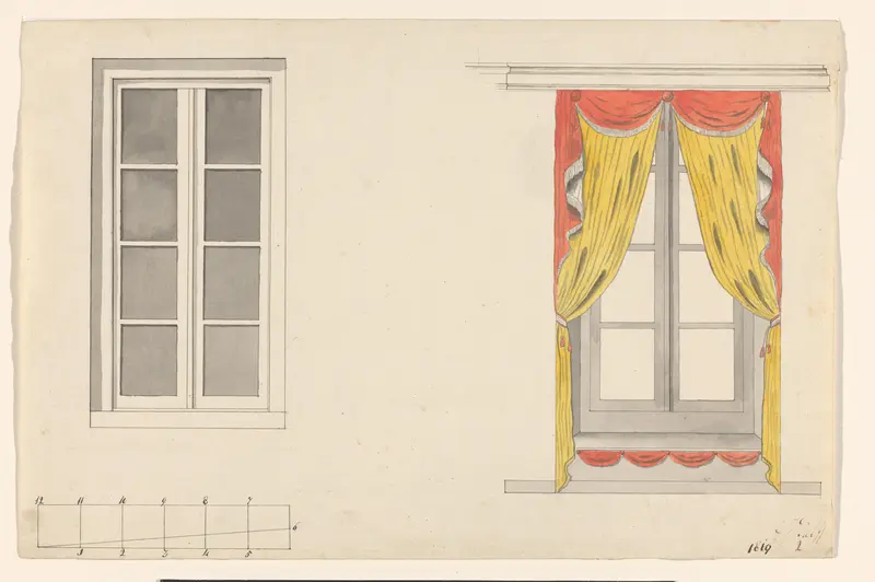 Een venster van buiten en van binnen, met gedrapeerde dubbele gordijnen en een vensterbank met een draperie Wall Art by Unknown - High-Resolution Digital Print
