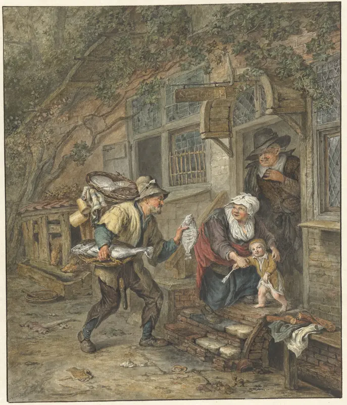 Een visverkoper biedt een schol aan aan een schoolmeester en diens familie Wall Art by Abraham van Strij (I) - High-Resolution Digital Print