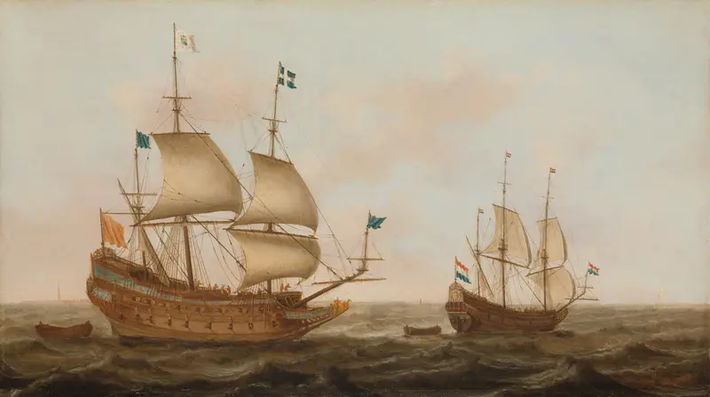 Een voor Frankrijk gebouwd oorlogsschip en een Nederlands jacht onder zeil Wall Art by Jacob Gerritz Loef - High-Resolution Digital Print
