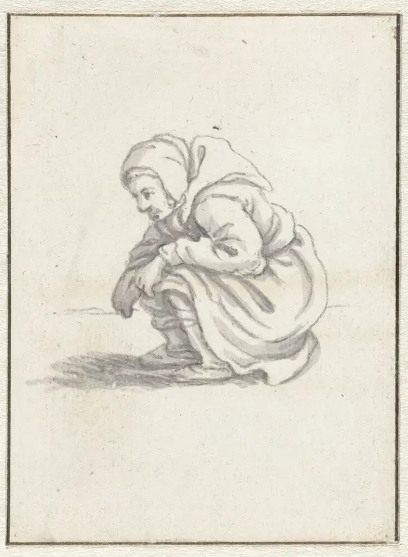 Een vrouw doet hurkend haar behoefte Wall Art by Herman Saftleven - High-Resolution Digital Print