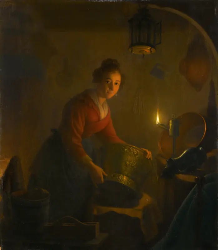 Een vrouw in een keuken bij het licht van een olielamp Wall Art by Michiel Versteegh - High-Resolution Digital Print