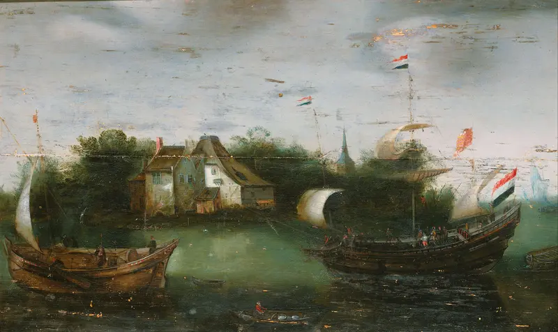 Een zeeschip vaart een binnenwater op Wall Art by anonymous - High-Resolution Digital Print