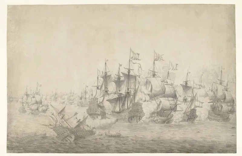 Een zeeslag, mogelijk bij Lowestoft op 13 juni 1665 (linkerblad) Wall Art by Unknown - High-Resolution Digital Print