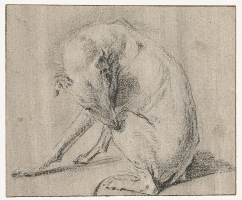 Een zittende hond die in zijn achterpoot bijt Wall Art by Frans Snijders - High-Resolution Digital Print