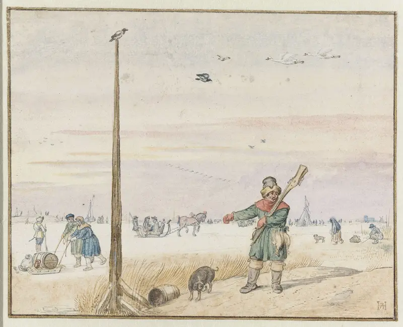 Eendenjager bij een paal op het ijs Wall Art by Hendrick Avercamp - High-Resolution Digital Print