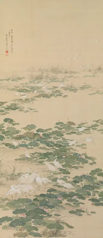 Egrets in a Lotus Pond Wall Art by Yamamoto Baiitsu - High-Resolution Digital Print