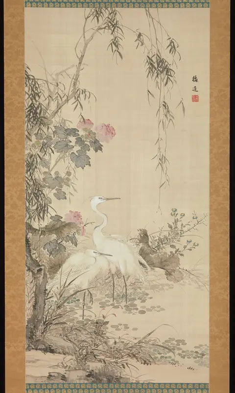 Egrets, Peonies, and Willows Wall Art by Yamamoto Baiitsu - High-Resolution Digital Print