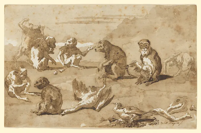 Eight Monkeys, a Dead Goose, and a Cormorant Wall Art by Giovanni Domenico Tiepolo - High-Resolution Digital Print