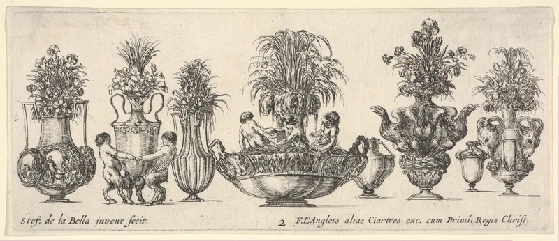 Eight vases, the largest one in the middle with three sculptures in the round of two nymphs and a triton, plate 2 from "Collection of Various Vases" (Raccolta di Vasi Diversi) Wall Art by Stefano della Bella - High-Resolution Digital Print