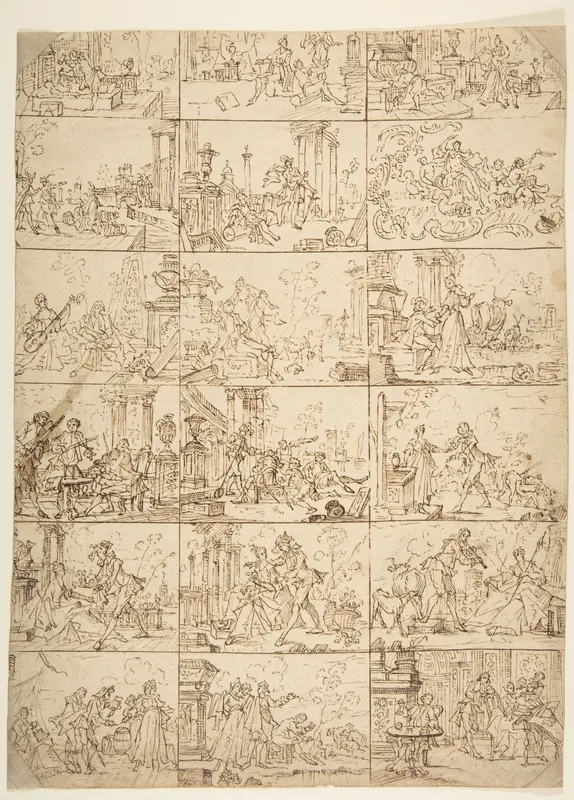 Eighteen Scenes of Courtship (recto), Study of Two Men Meeting Before a Portico Wall Art by Anonymous, French, 18th century - High-Resolution Digital Print