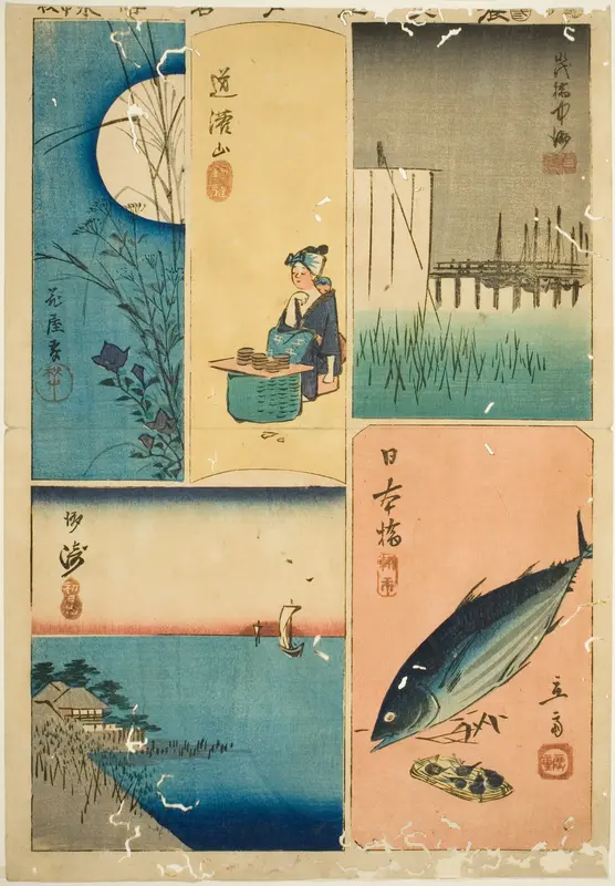Eitai Bridge, Nihon Bridge, Susaki, Flower Garden, and Dokan Hill (Eitaibashi, Nihonbashi, Susaki, Hanayashiki, Dokanyama), from the series "Cutouts of Famous Places in Edo (Harimaze Koto meisho)"