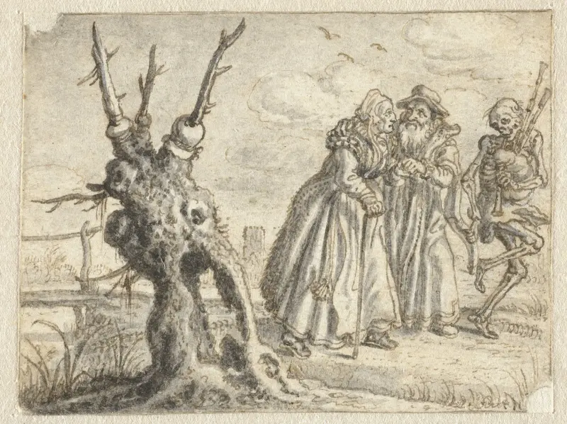 Elderly Man and Woman Willingly Following Death Playing Bagpipes Wall Art by Adriaen Pietersz van de Venne - High-Resolution Digital Print