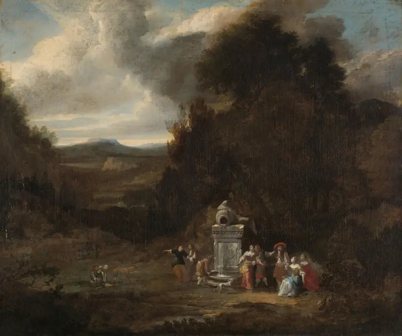 Elegant Company at an Antique Fountain in a Glade Wall Art by anonymous - High-Resolution Digital Print