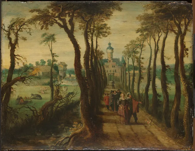 Elegant Company on a Causeway Leading towards a Country-House Wall Art by anonymous - High-Resolution Digital Print
