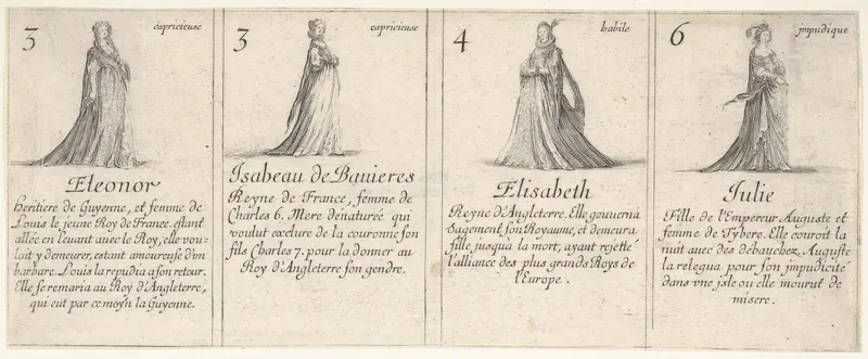 Eleonor, Isabeau de Bauieres, Elisabeth, and Julie, from "The Game of Queens" (Le Jeu des Reines Renommées) Wall Art by Stefano della Bella - High-Resolution Digital Print