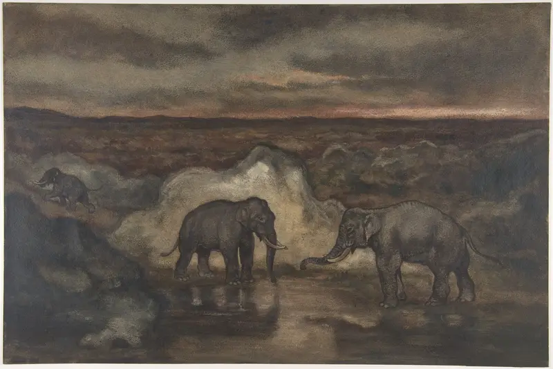 Elephants by a Pool Wall Art by Antoine-Louis Barye - High-Resolution Digital Print
