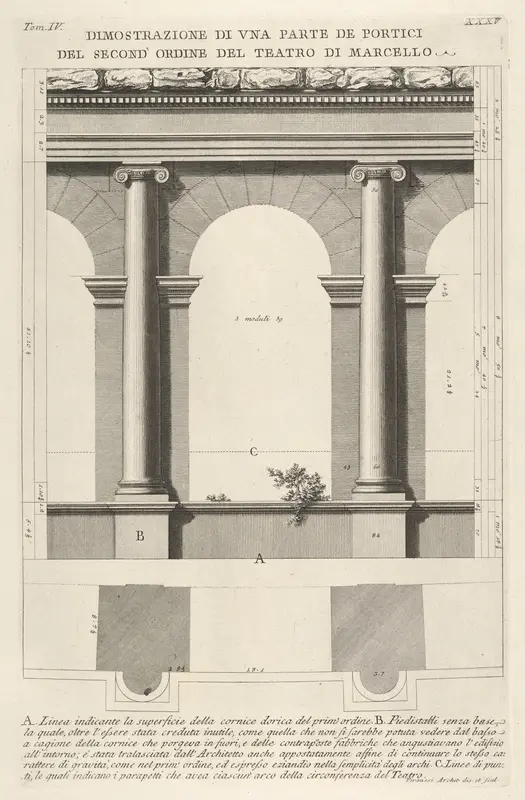 Elevation and plan of the second-order portico at the Theater of Marcellus (Teatro di Marcello), Rome, from "Le Antichità Romane" Wall Art by Giovanni Battista Piranesi - High-Resolution Digital Print