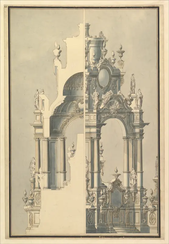 Elevation and Section for a Catafalque for the Dauphin of France, d. 1711 Wall Art by Giuseppe Galli Bibiena - High-Resolution Digital Print