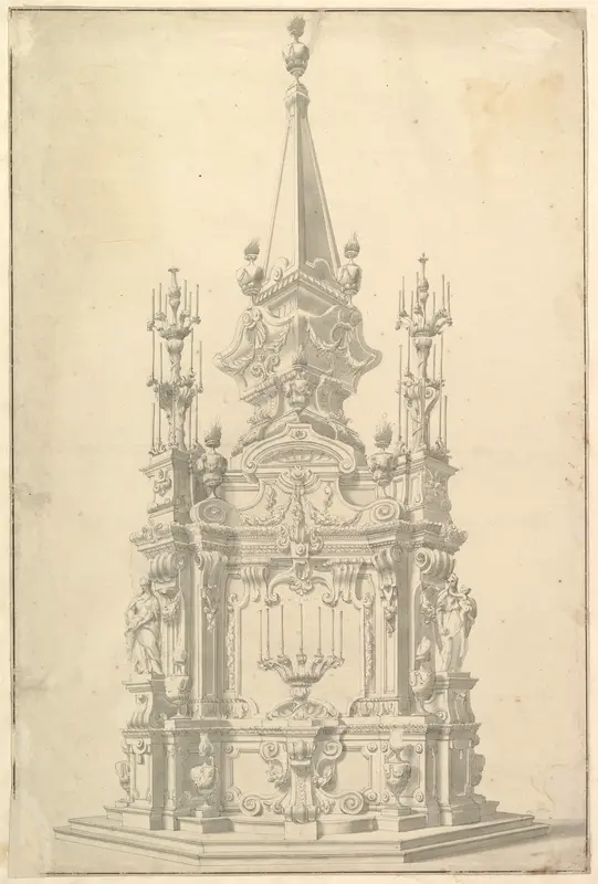 Elevation for a Catafalque Surmounted by an Obelisk Wall Art by Giuseppe Galli Bibiena - High-Resolution Digital Print