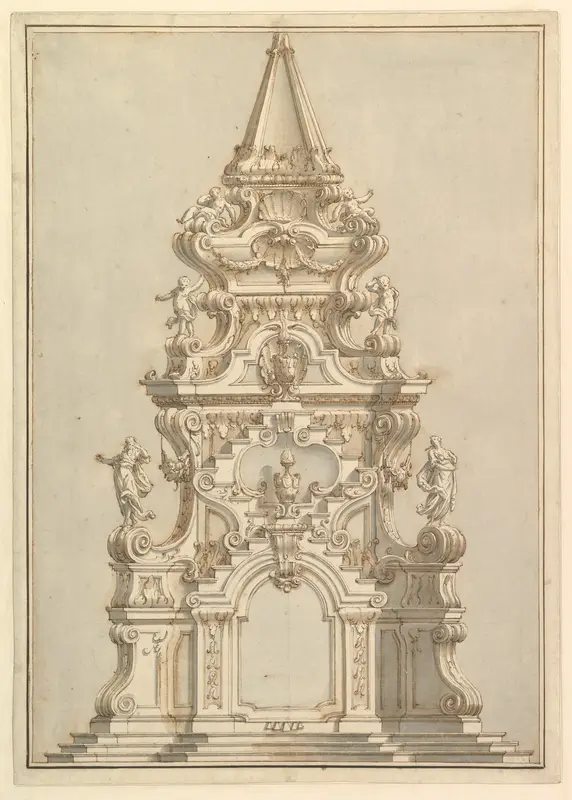 Elevation for a Catafalque Surmounted by Squat Obelisk, Decorated with Statues of Putti and Female Figures Wall Art by Giuseppe Galli Bibiena - High-Resolution Digital Print
