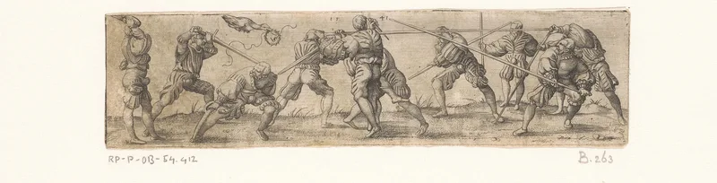 Elf soldaten schermend en een vogel met een lauwerkrans Wall Art by Unknown artist - High-Resolution Digital Print