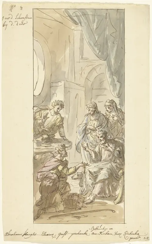 Eliëzer geeft geschenken aan Rebekka, haar moeder en haar broer Laban Wall Art by Elias van Nijmegen - High-Resolution Digital Print